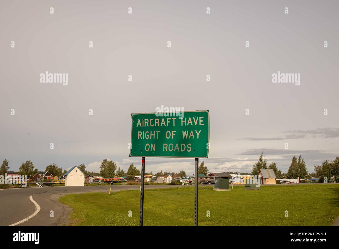 Road through largest sea plane base in Anchorage, Alaska. Stock Photo