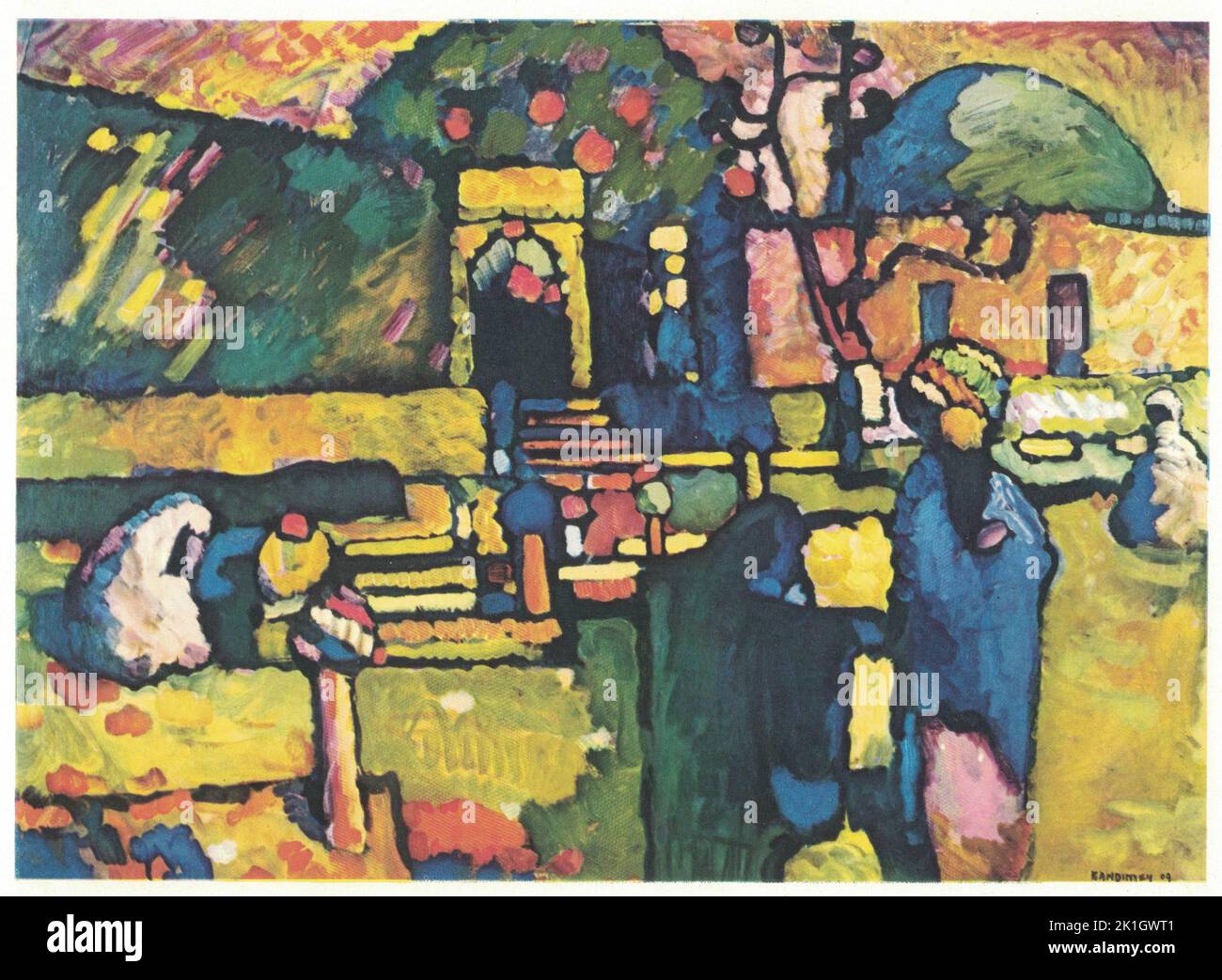 Arabs (Cemetery), 1909. Painting by Wassily Kandinsky.  Wassily Wassilyevich Kandinsky ( Russian: Василий Васильевич Кандинский,  Vasiliy Vasilyevich Kandinskiy), (16 December 1866 – 13 December 1944) was a Russian painter and art theorist. Kandinsky is generally credited as one of the pioneers of abstraction in western art, possibly after Hilma af Klint. Born in Moscow, he spent his childhood in Odesa, where he graduated at Grekov Odesa Art school. He enrolled at the University of Moscow, studying law and economics. Successful in his profession—he was offered a professorship. Stock Photo
