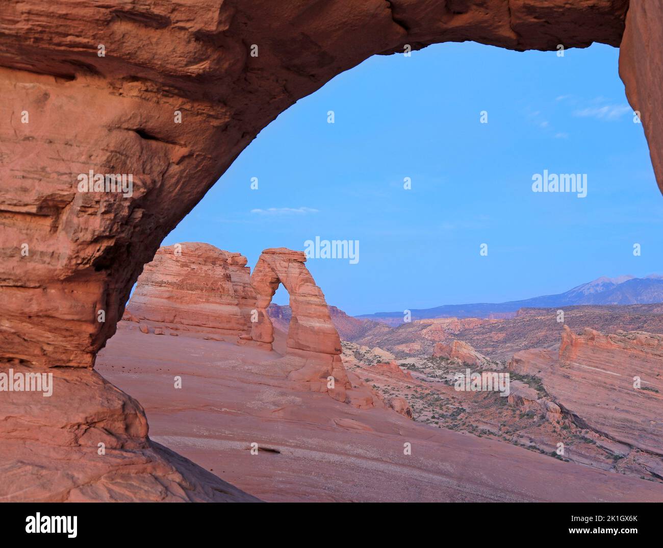 Delicate viewed through a natural window in Arch in Arches National Park, Utah, USA Stock Photo