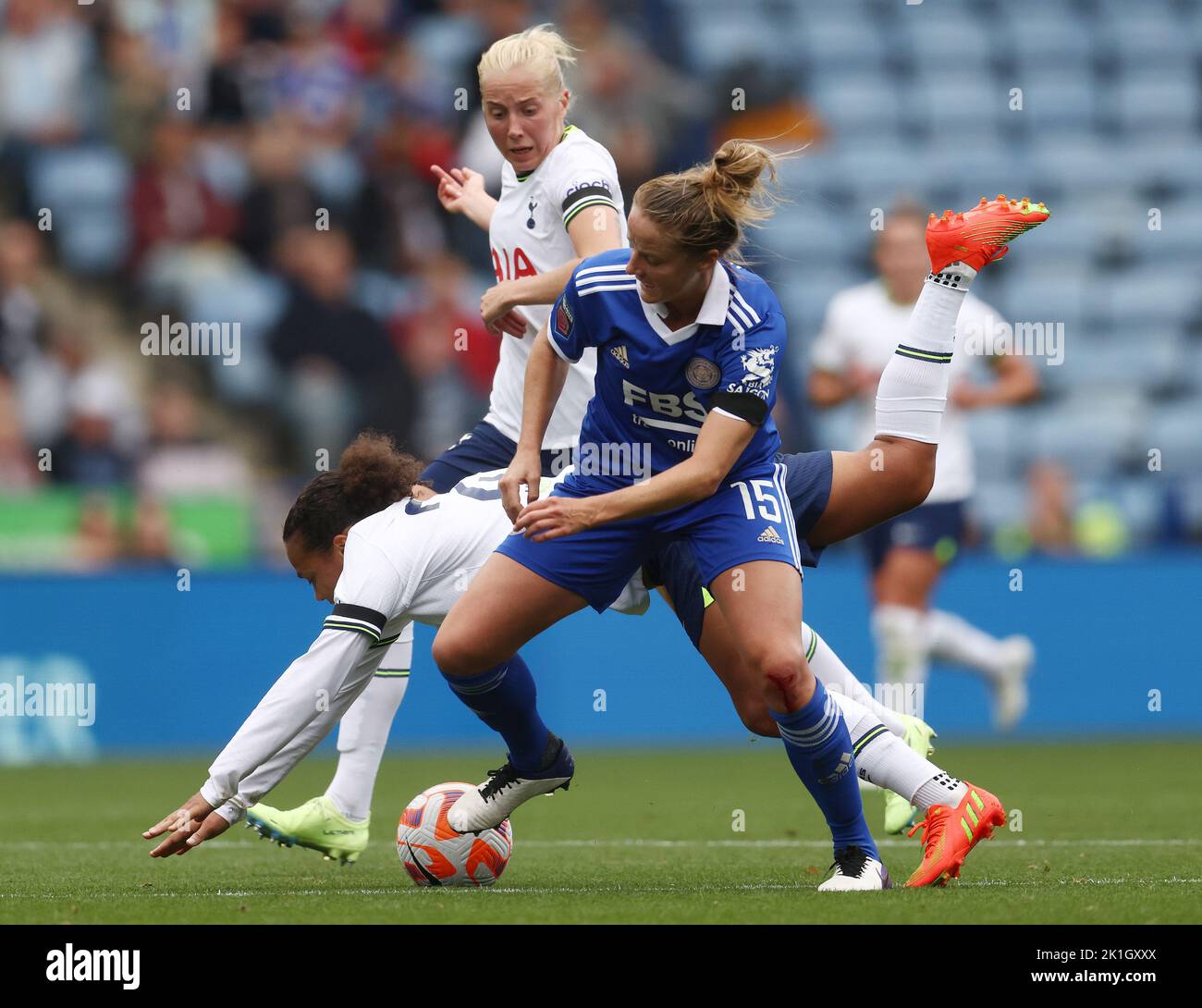 Leicester, UK. 18th September 2022.  Sophie Howard of Leicester City challenges Drew Spence of Tottenham Hotspur during the The FA Women's Super League match at the King Power Stadium, Leicester. Picture credit should read: Darren Staples / Sportimage Credit: Sportimage/Alamy Live News Stock Photo