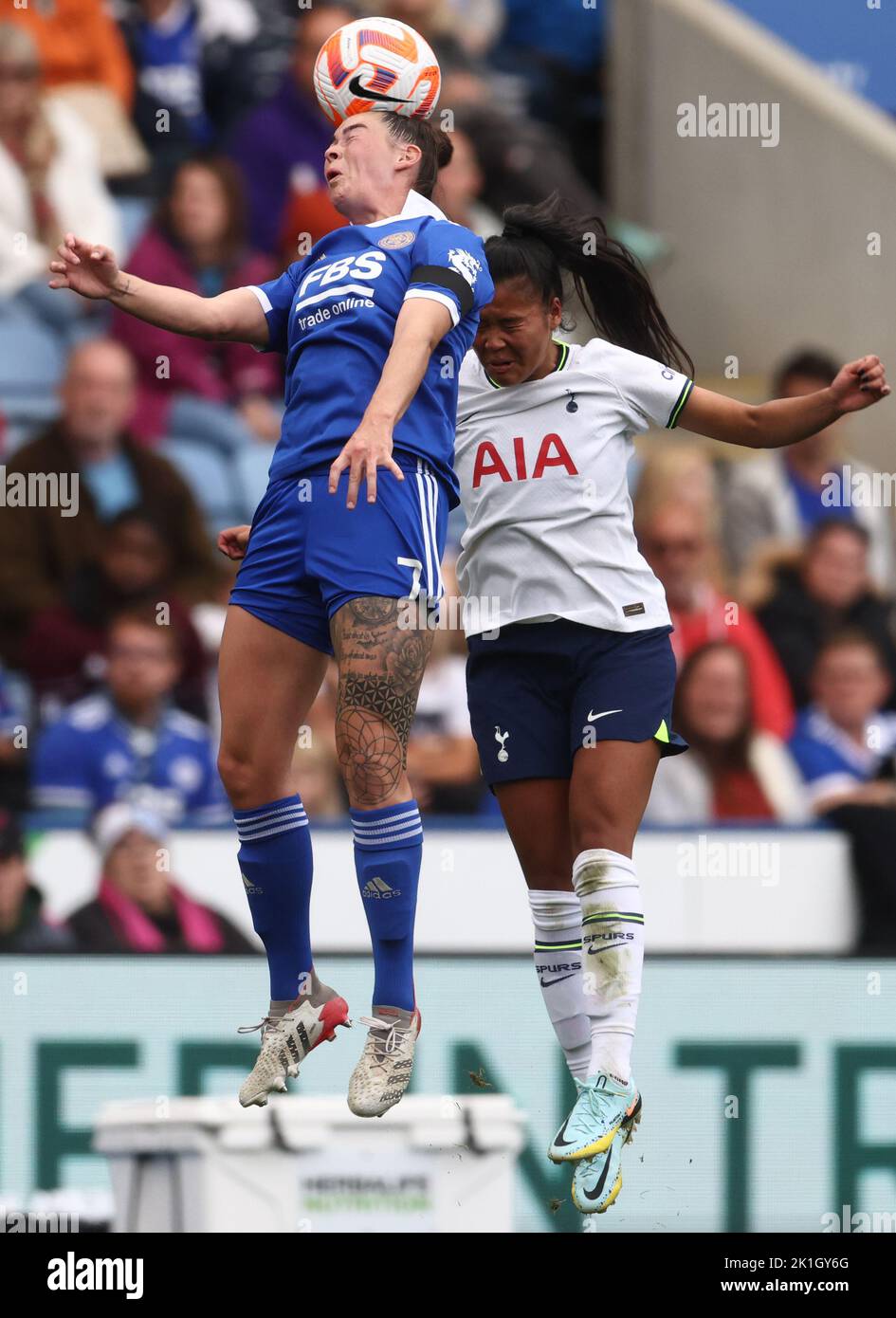 Leicester, UK. 18th September 2022.  Natasha Flint of Leicester City gets above Asmita Ale of Tottenham Hotspur during the The FA Women's Super League match at the King Power Stadium, Leicester. Picture credit should read: Darren Staples / Sportimage Credit: Sportimage/Alamy Live News Stock Photo