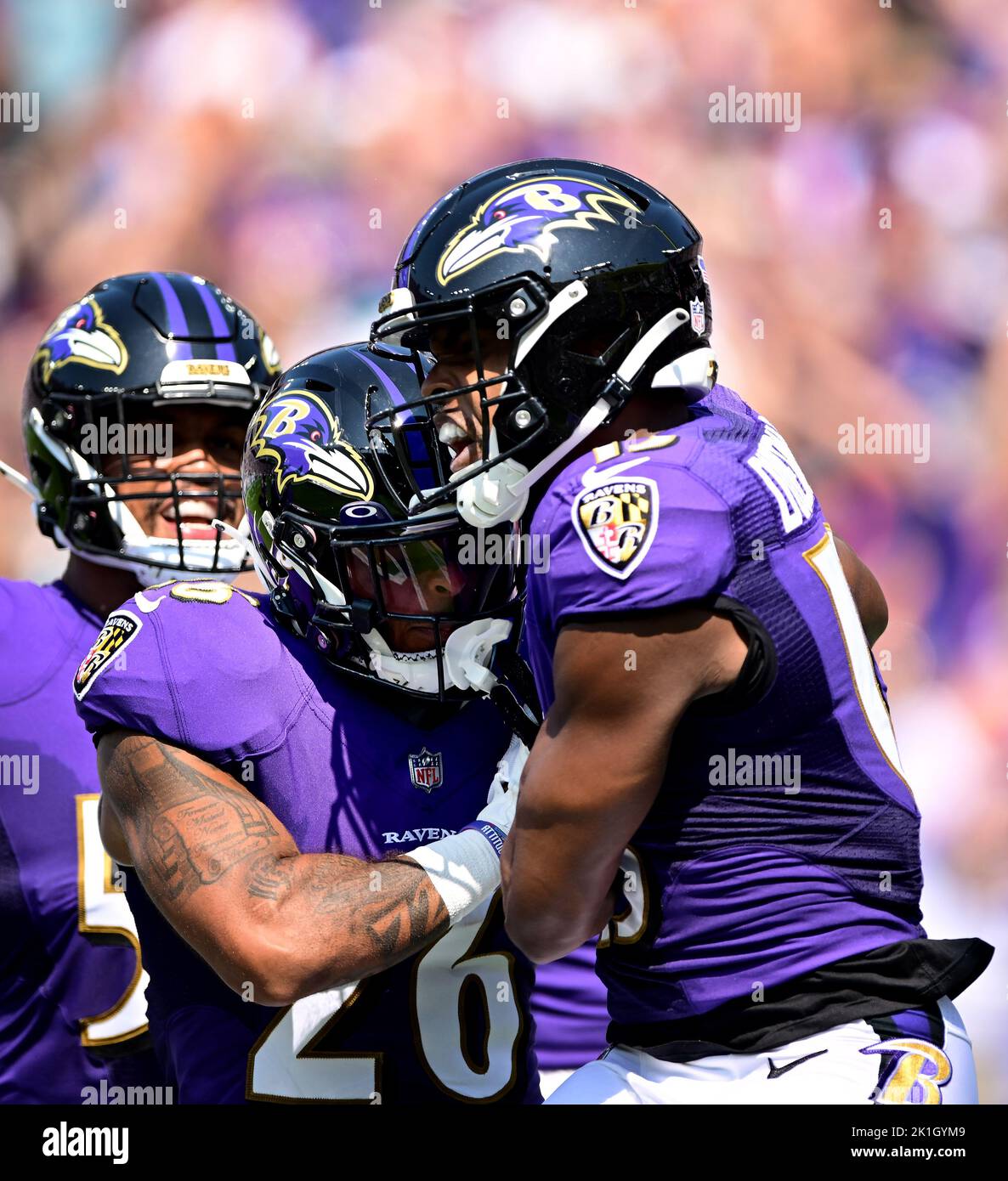 Baltimore, USA. 18th Sep, 2022. Baltimore Ravens wide receiver Devin Duvernay (R) celebrates with Geno Stone (26) after scoring on a 103-yard kickoff return against the Miami Dolphins during the first half of an NFL game at M&T Bank Stadium in Baltimore, Maryland, on Sunday, September 18, 2022. Photo by David Tulis/UPI Credit: UPI/Alamy Live News Stock Photo