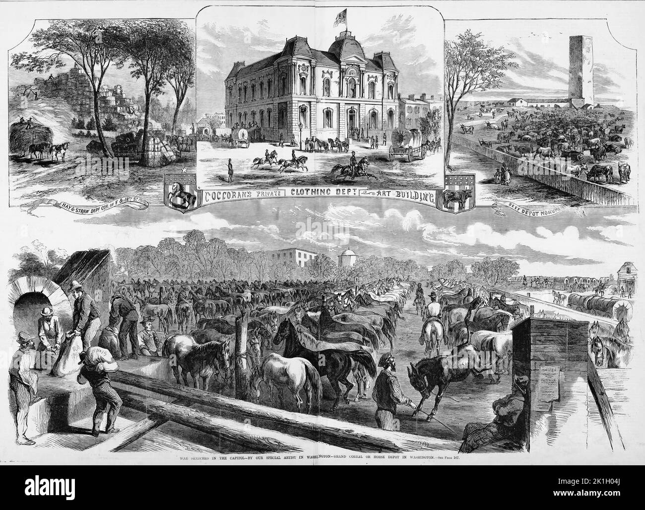 War sketches in the Capitol - Grand corral or horse depot in Washington - Hay and Straw Department corner of F and 18th Street - Coccoran's Private Clothing Department Art Building - Beef Depot Monument. January 1862. 19th century American Civil War illustration from Frank Leslie's Illustrated Newspaper Stock Photo