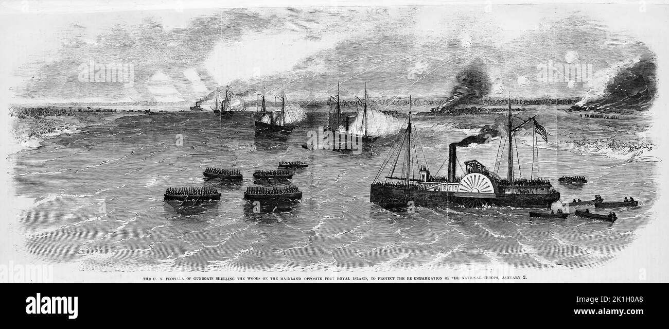 The U. S. Flotilla of gunboats shelling the woods on the mainland opposite Port Royal Island, South Carolina, to protect the reembarkation of the National troops, January 2nd, 1862. 19th century American Civil War illustration from Frank Leslie's Illustrated Newspaper Stock Photo