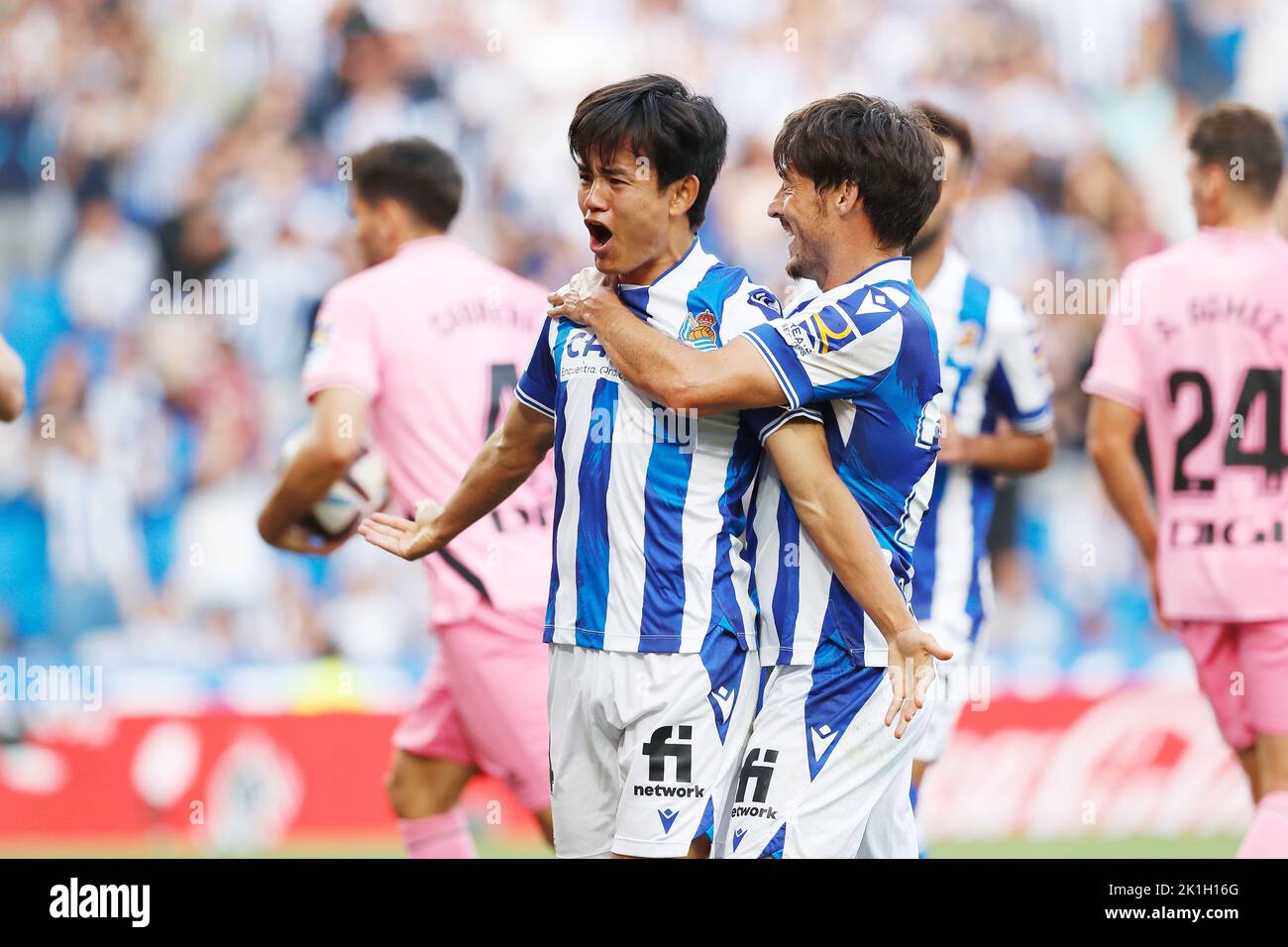 San Sebastian, Spain. 22nd Apr, 2023. (L-R) Takefusa Kubo, Imanol Alguacil  (Sociedad) Football/Soccer : Spanish La Liga Santander match between Real  Sociedad 2-1 Rayo Vallecano at the Reale Arena in San Sebastian