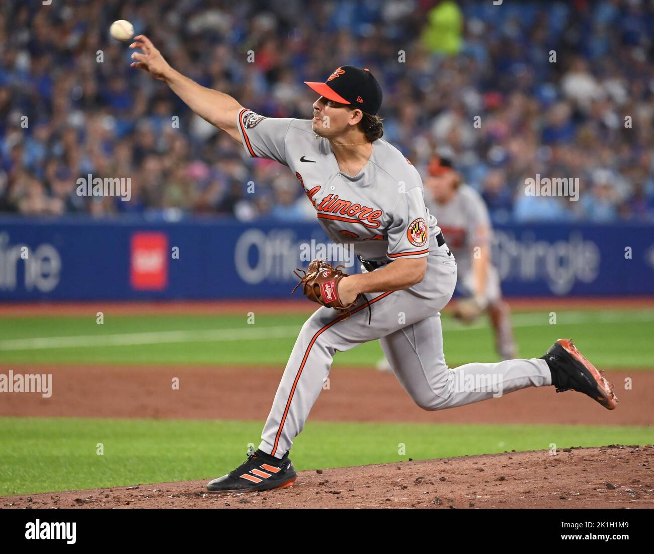 Baltimore Orioles starting pitcher Dean Kremer throws to a Toronto Blue