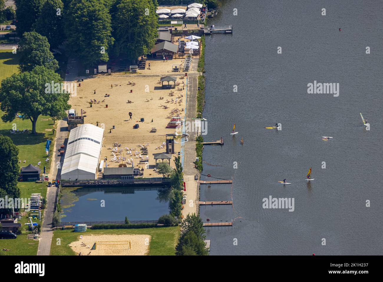 Aerial view, Seaside Beach Baldeney at the river Ruhr and Baldeneysee, with Stand-Up Paddling SUP, Essen-Bredeney, Essen, Ruhr area, North Rhine-Westp Stock Photo