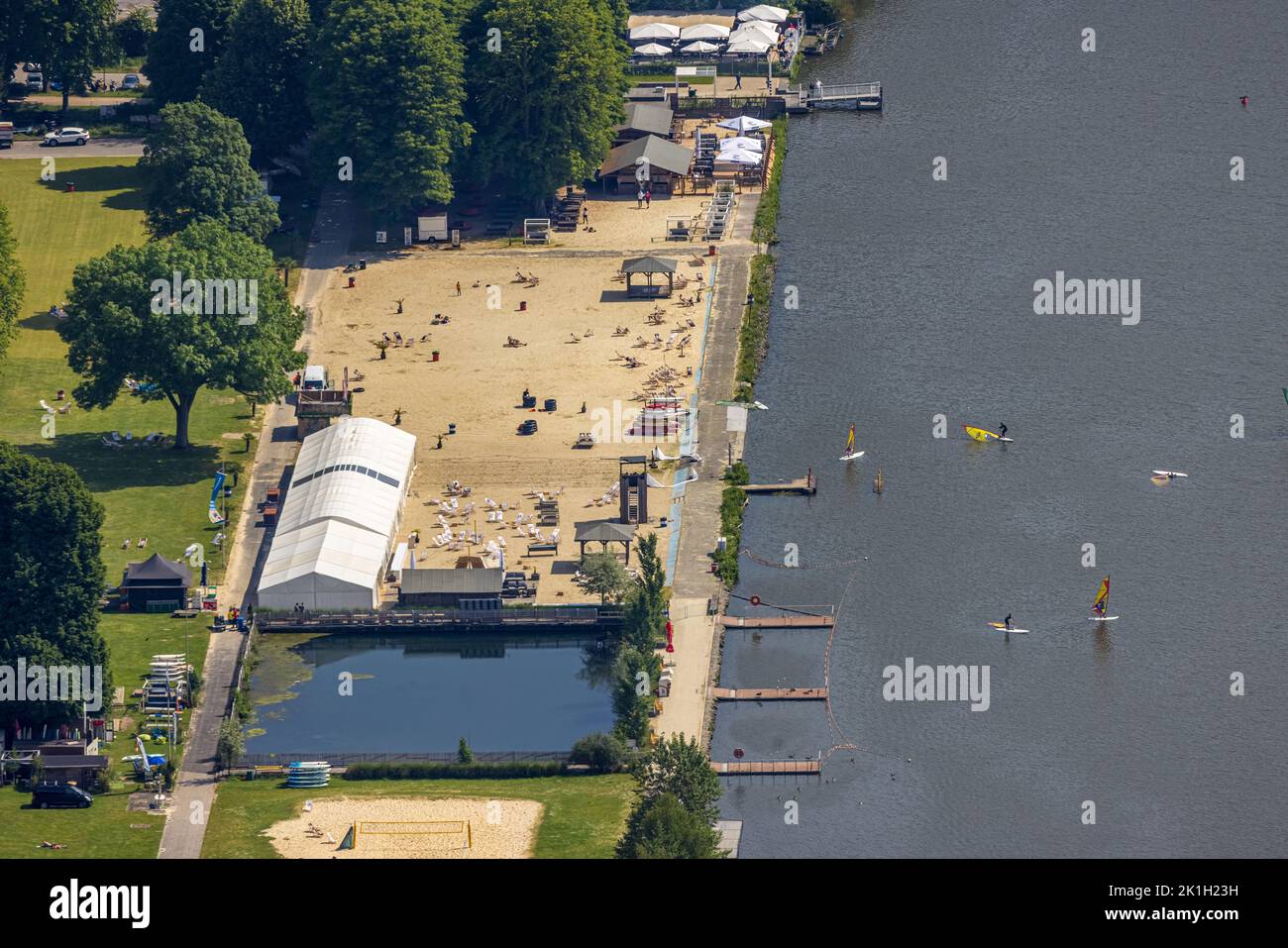 Aerial view, Seaside Beach Baldeney at the river Ruhr and Baldeneysee, with Stand-Up Paddling SUP, Essen-Bredeney, Essen, Ruhr area, North Rhine-Westp Stock Photo