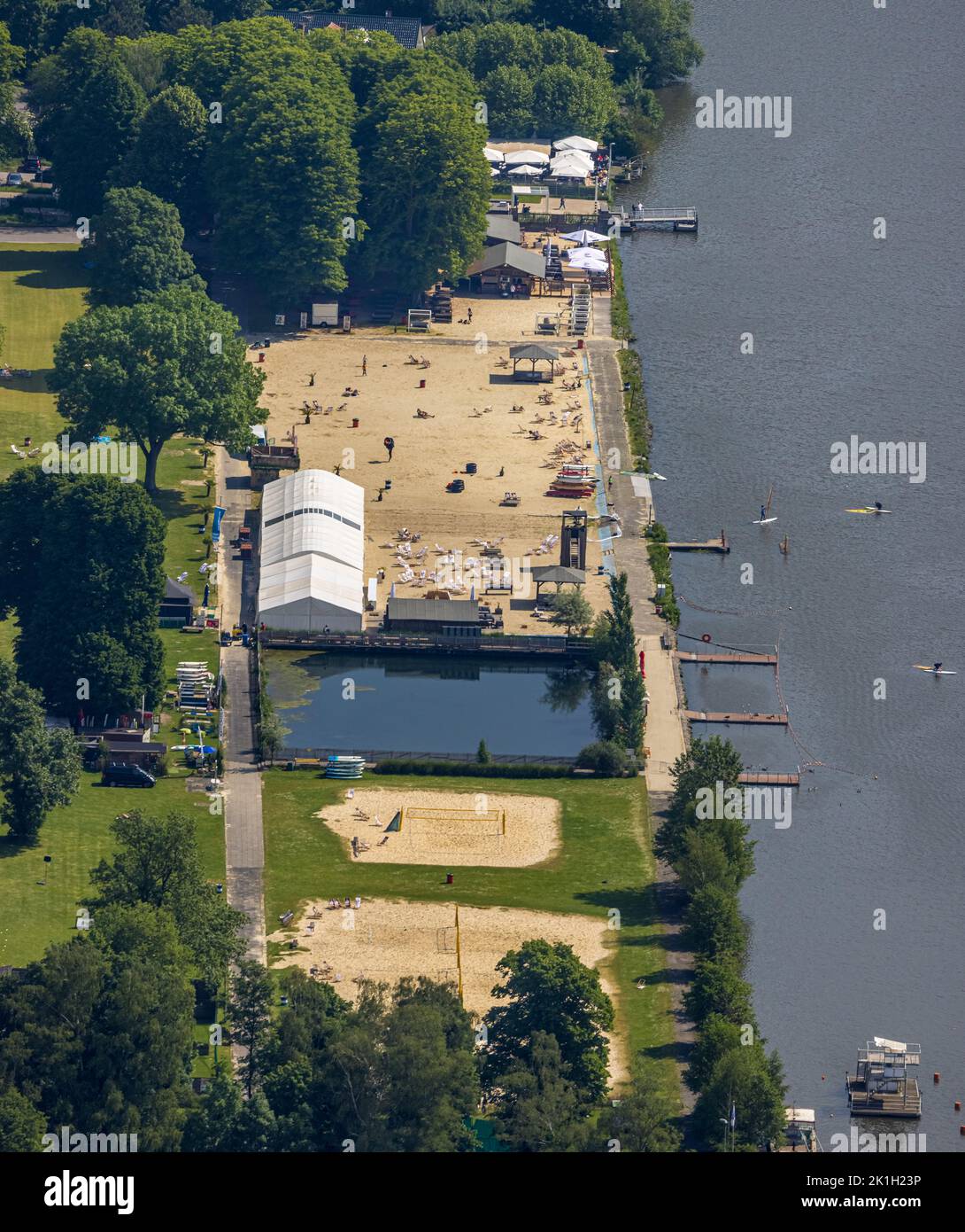 Aerial view, Seaside Beach Baldeney at the river Ruhr and Baldeneysee