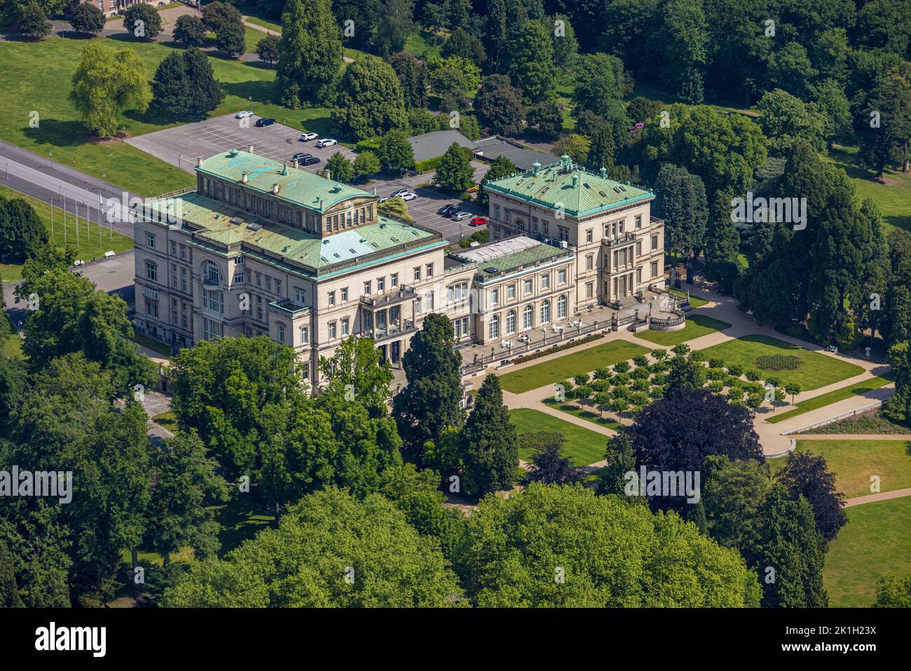 Aerial view, Villa Hügel, former residence and representative house of the industrial family Krupp, Essen-Bredeney, Essen, Ruhr area, North Rhine-West Stock Photo