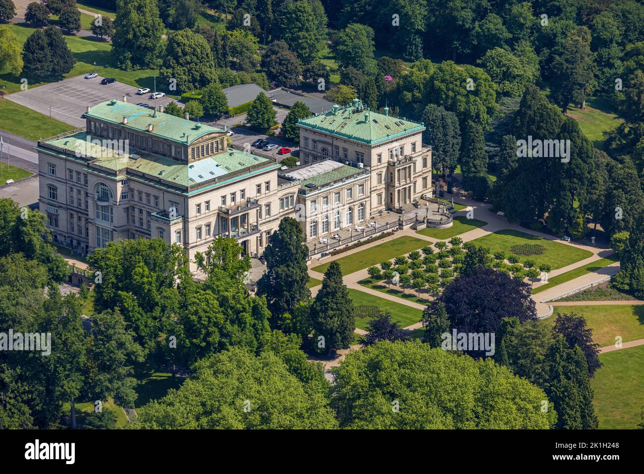 Aerial view, Villa Hügel, former residence and representative house of the industrialist family Krupp, Essen-Bredeney, Essen, Ruhr area, North Rhine-W Stock Photo