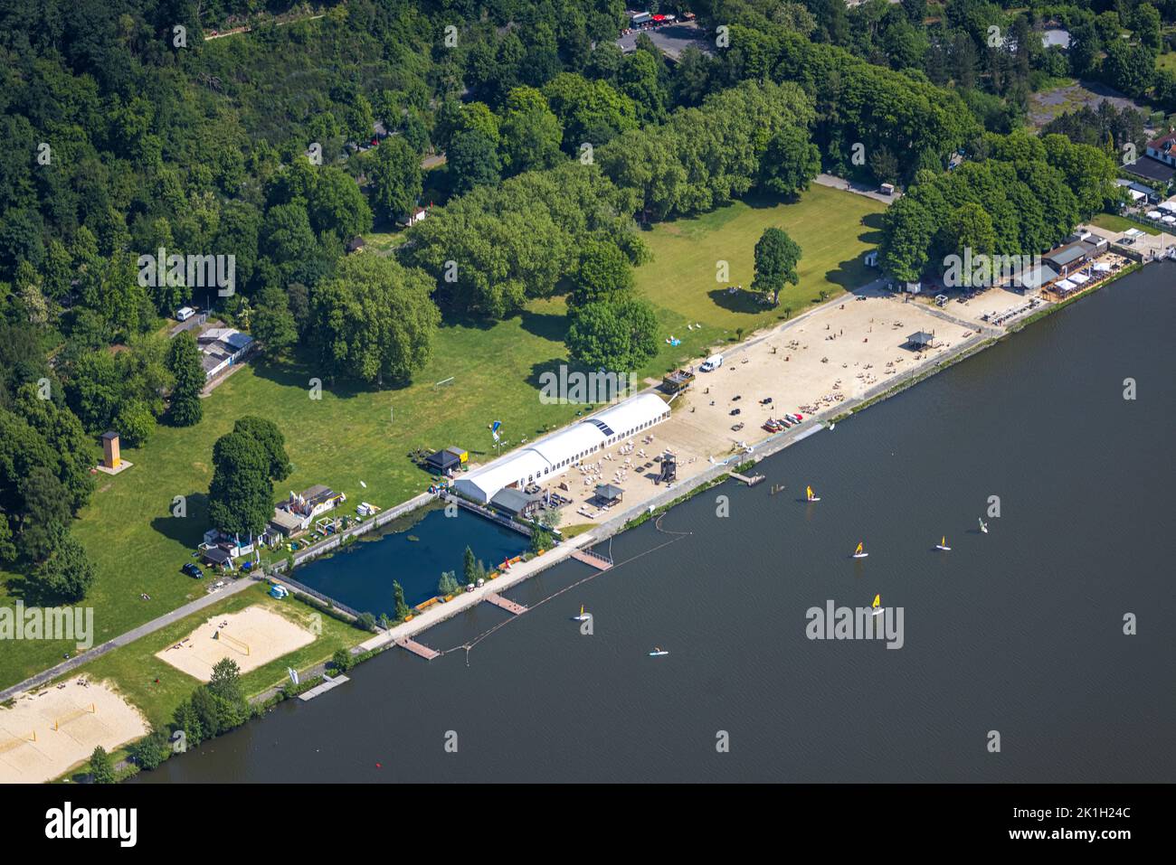 Aerial view, Seaside Beach Baldeney at the river Ruhr and Baldeneysee, with Stand-Up Paddling SUP, Essen-Bredeney, Essen, Ruhr area, North Rhine-Westp Stock Photo