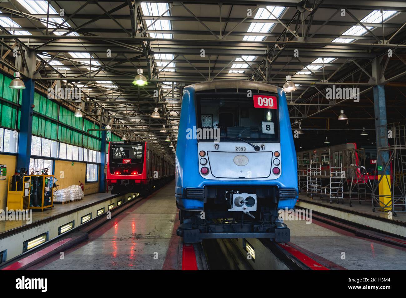 Santiago, Chile -  July 2022: A Metro de Santiago train at a subway depot of Line 2 Stock Photo