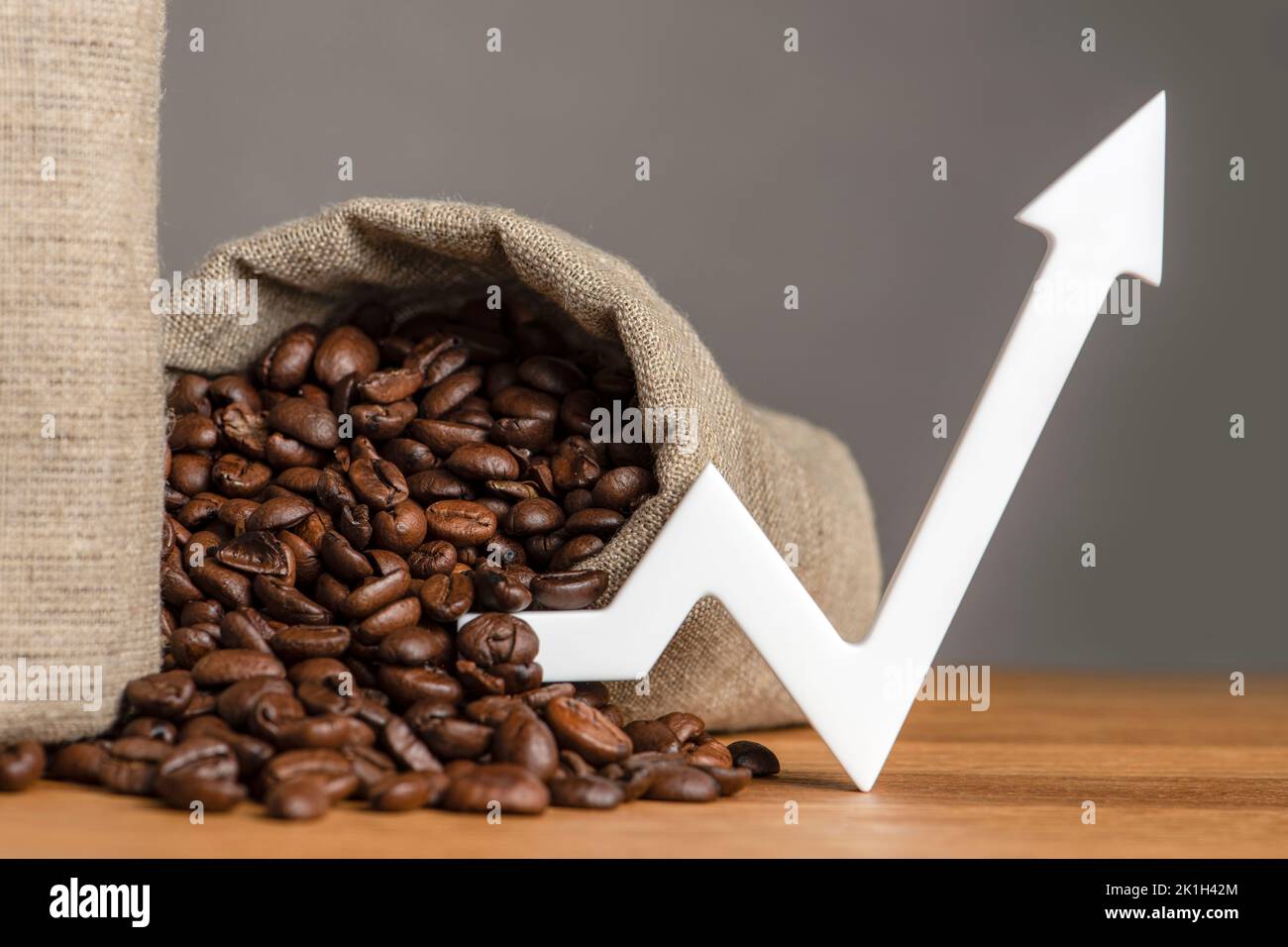 A bag of coffee beans and a chart arrow pointing up. The cost of coffee