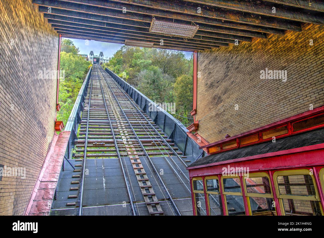 Cable car and rails of the historic Duquesne Incline leading up from