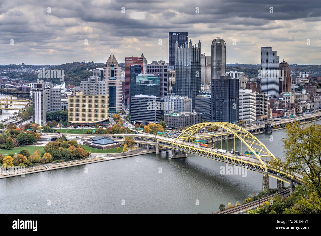 View of the Pittsburgh “Golden Triangle”  with the Fort Duquesne Bridge from the Duquesne Incline Upper Station in Pittsburgh, Pennsylvania. Stock Photo