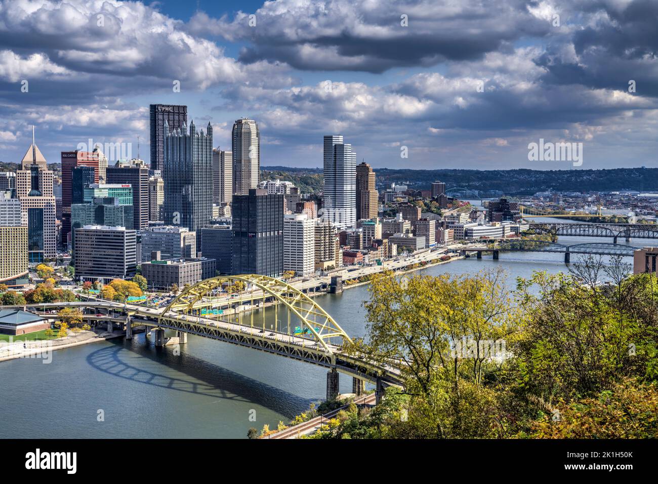 View of the Pittsburgh “Golden Triangle”  with the Fort Duquesne Bridge from the Duquesne Incline Upper Station in Pittsburgh, Pennsylvania. Stock Photo