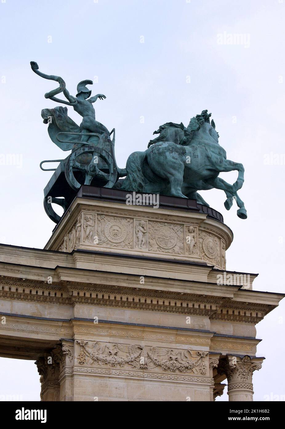 Bronze chariot, detail of the sculptural decoration of the colonnade at the Millennium Monument, in the Heroes Square, Budapest, Hungary Stock Photo