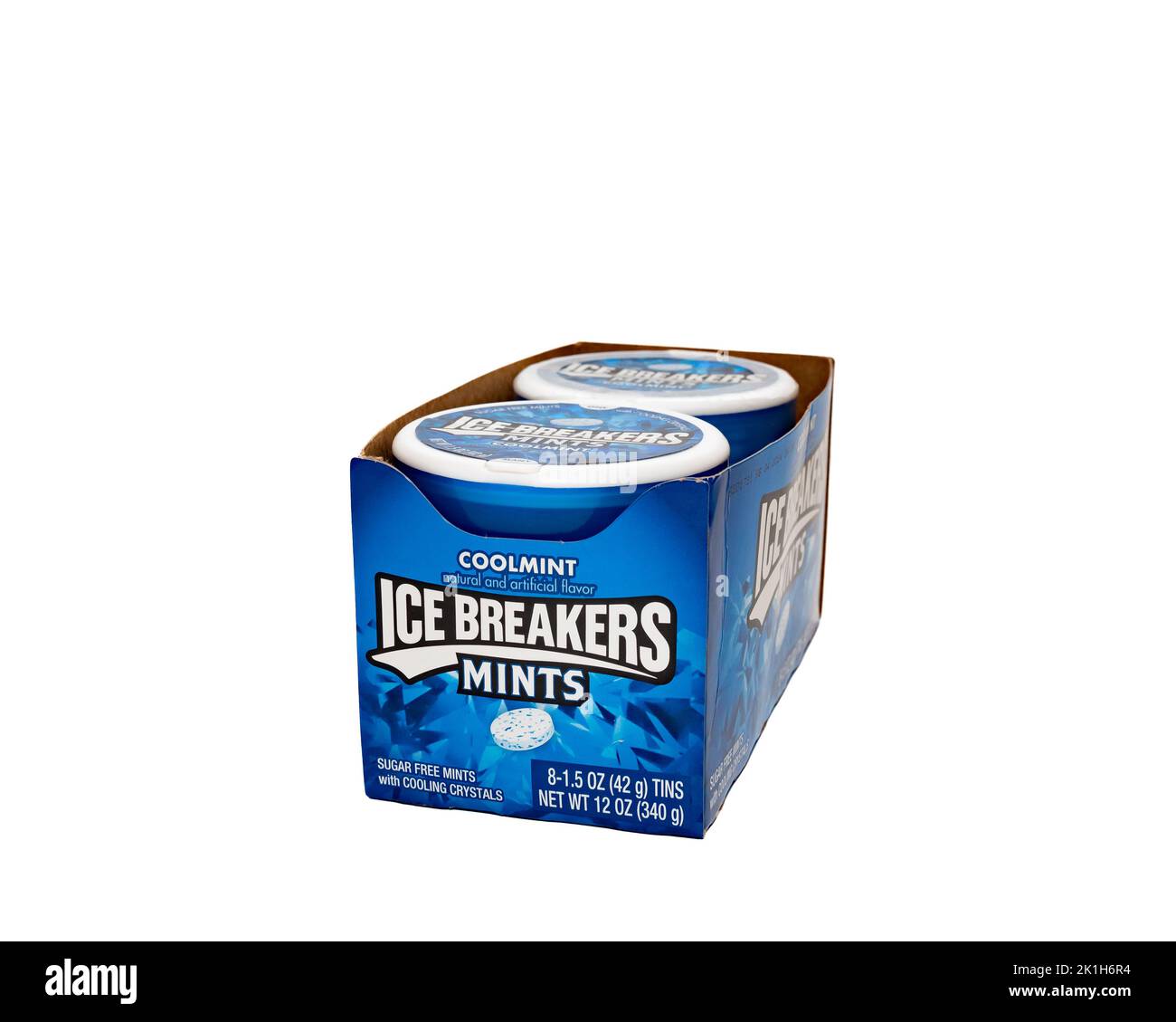 A box of eight plastic tins of Coolmint Ice Breakers Frost sugar free hard candies with cool natural and artificial flavors Stock Photo