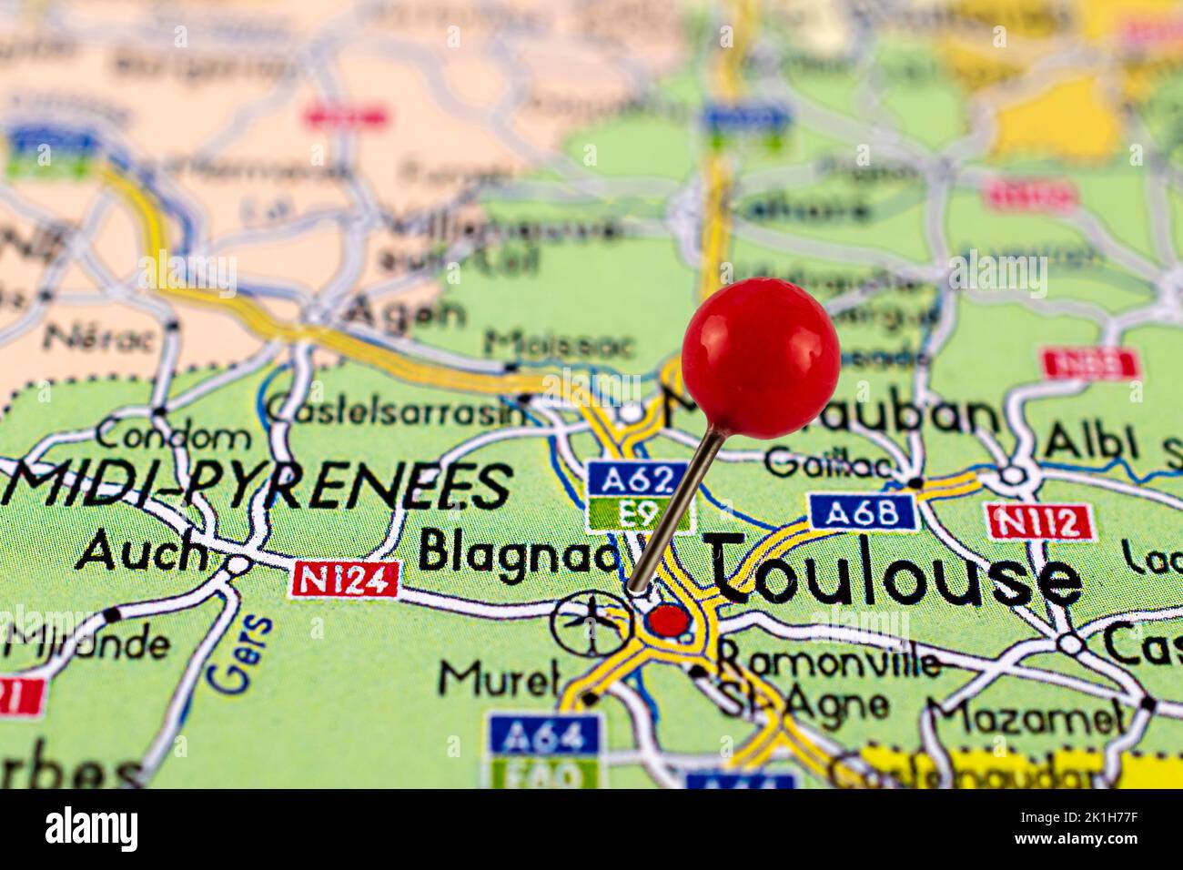 Blagnac map. Close up of Blagnac map with red pin. Map with red pin point of Blagnac in France. Stock Photo