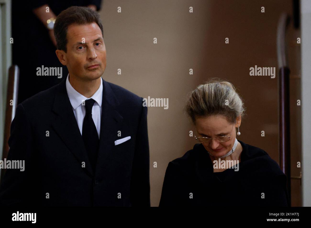 Alois, Hereditary Prince of Liechtenstein and Princess Sophie view the coffin of Queen Elizabeth II, lying in state on the catafalque in Westminster Hall, at the Palace of Westminster, London. Picture date: Sunday September 18, 2022. Stock Photo