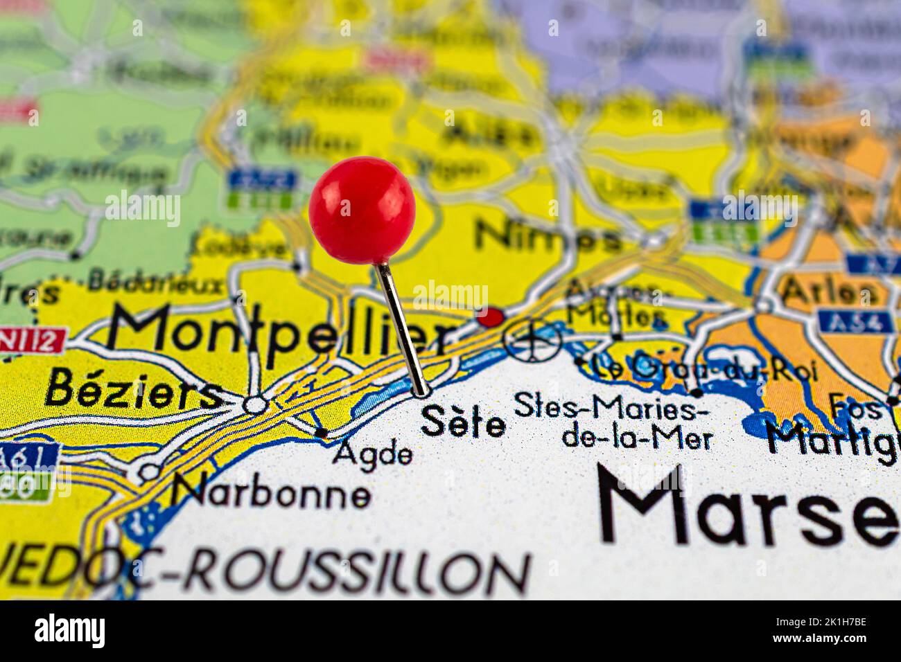 Sete map. Close up of Sete map with red pin. Map with red pin point of Sete  in France Stock Photo - Alamy