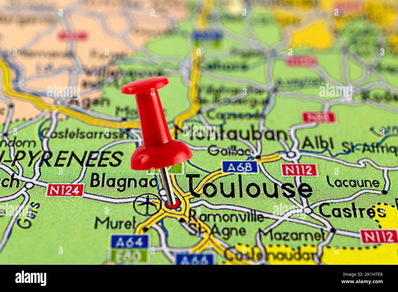 Toulouse map. Close up of Toulouse map with red pin. Map with red pin point of Toulouse in