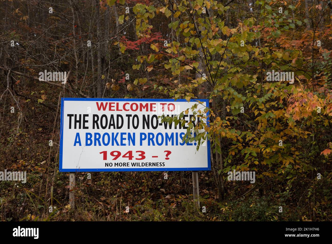Photo of a sign near Bryson City of the Road to Nowhere Stock Photo