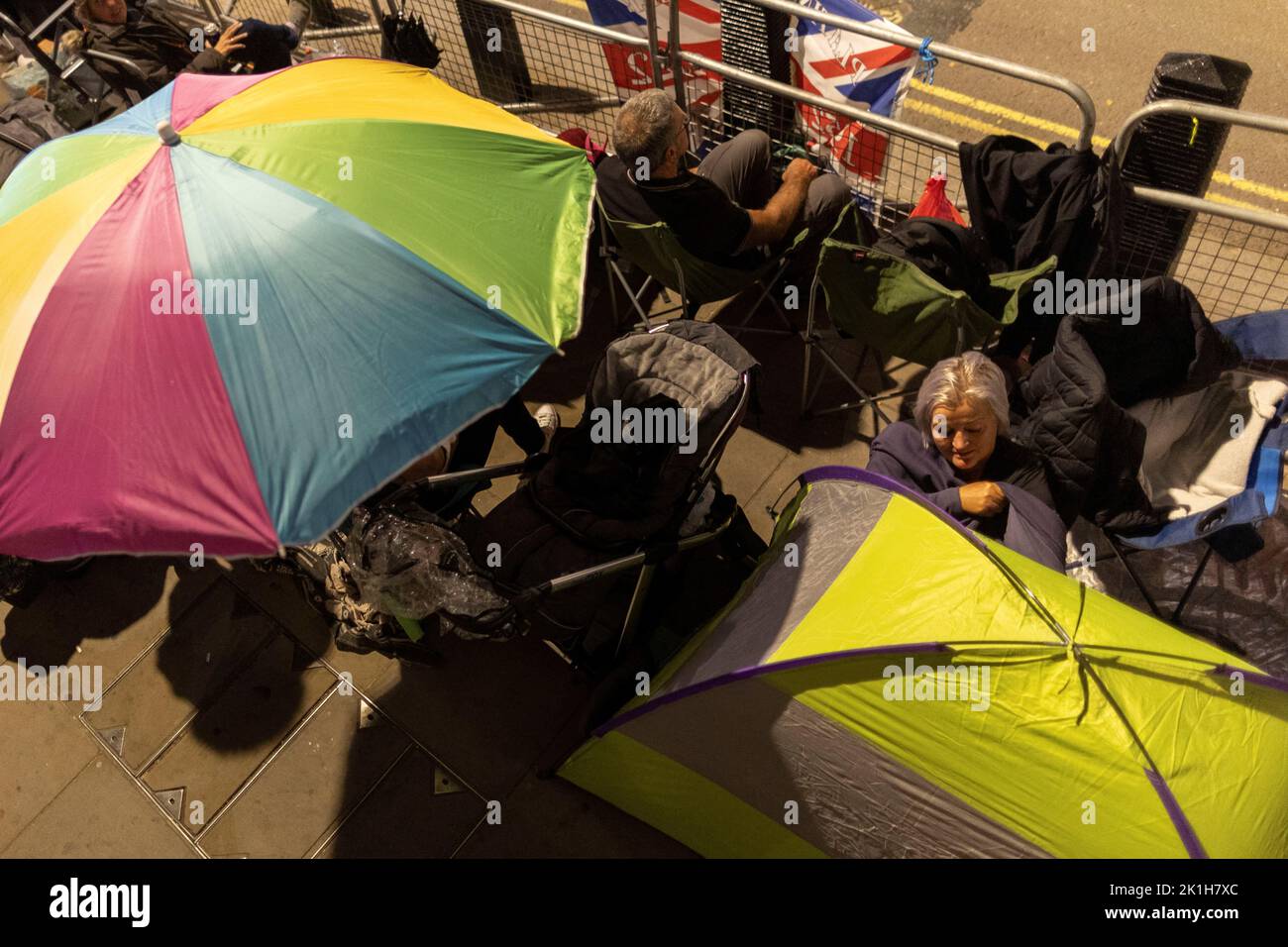 People camp outside of the Houses of Parliament ahead of the state funeral of Britain's Queen Elizabeth, in London, Britain, September 18, 2022. REUTERS/Carlos Barria Stock Photo