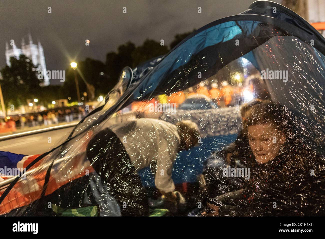 People camp outside of the Houses of Parliament ahead of the state funeral of Britain's Queen Elizabeth, in London, Britain, September 18, 2022. REUTERS/Carlos Barria Stock Photo