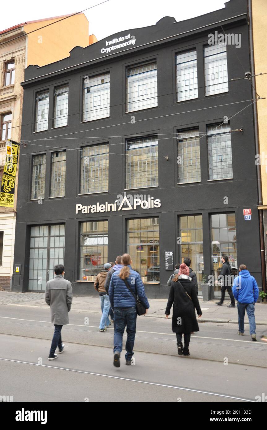 people going to Parallel Polis contemporary art headquarters in Prague, Czech Republic Stock