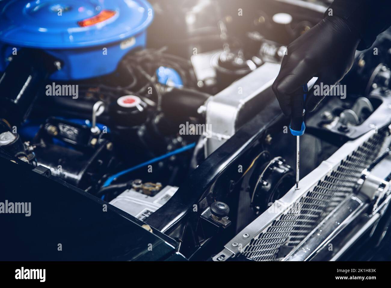 Clean beautiful classic car engine and cooler.  Stock Photo