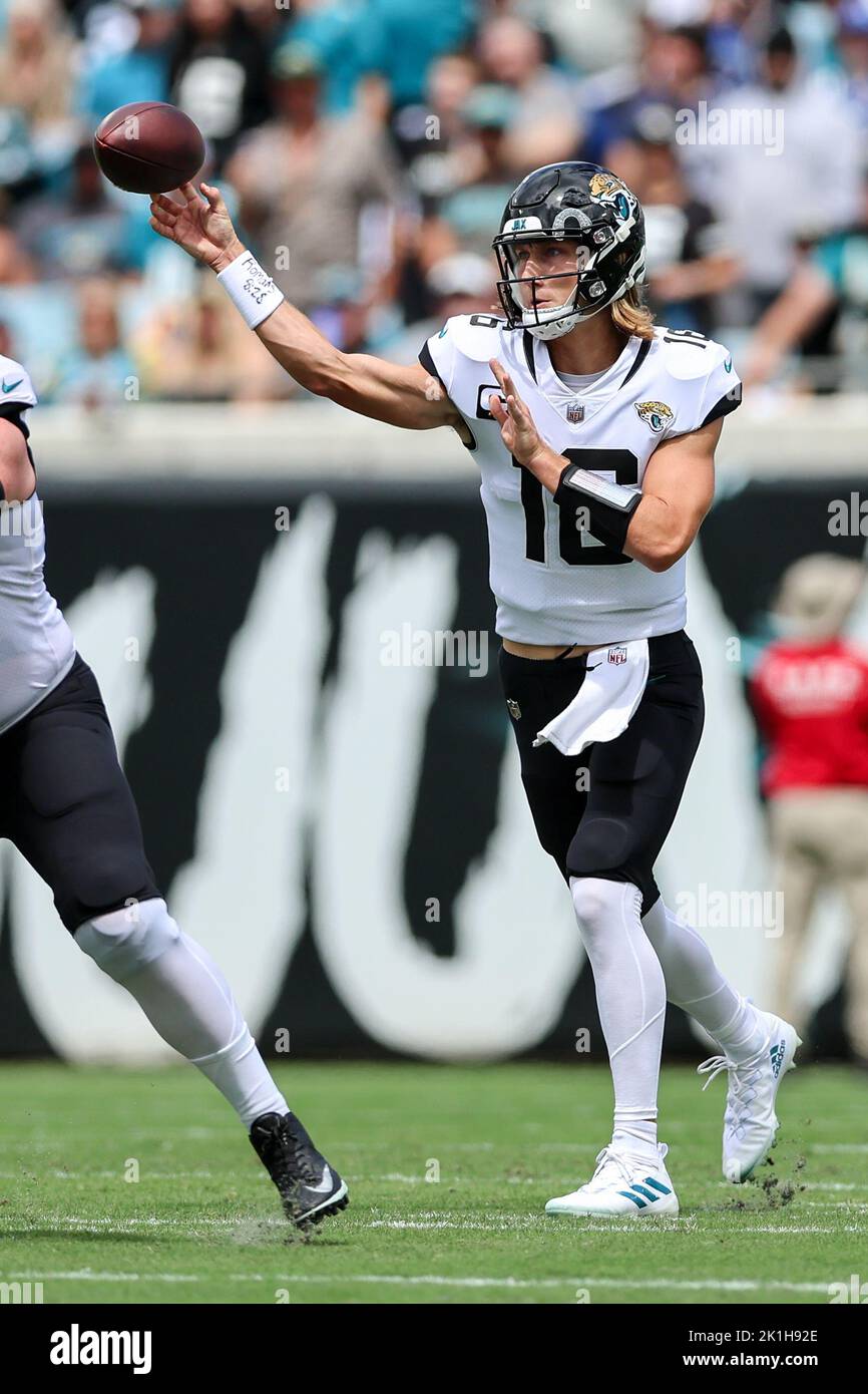 Jacksonville, FL, USA. 9th Jan, 2022. Jacksonville Jaguars quarterback  Trevor Lawrence (16) during 2nd half NFL football game between the  Indianapolis Colts and the Jacksonville Jaguars. Jaguars defeated the Colts  26-11 at