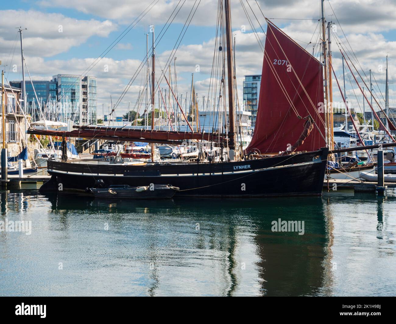 Restored historic 1896 Tamar River barge 'Lynher' at Sutton Harbour, Plymouth, Devon during the seafood festival 2022 Stock Photo