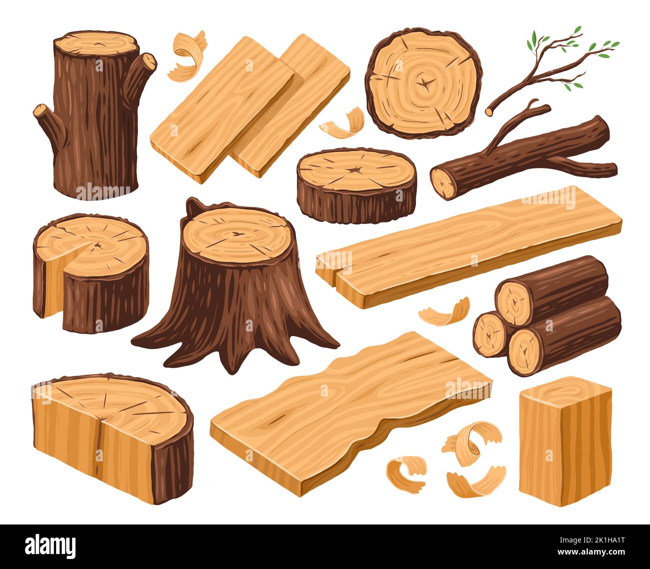 Set of wood logs for lumber industry. Woodworking concept. Tree trunk, stump and planks. Woodwork vector illustration Stock Vector