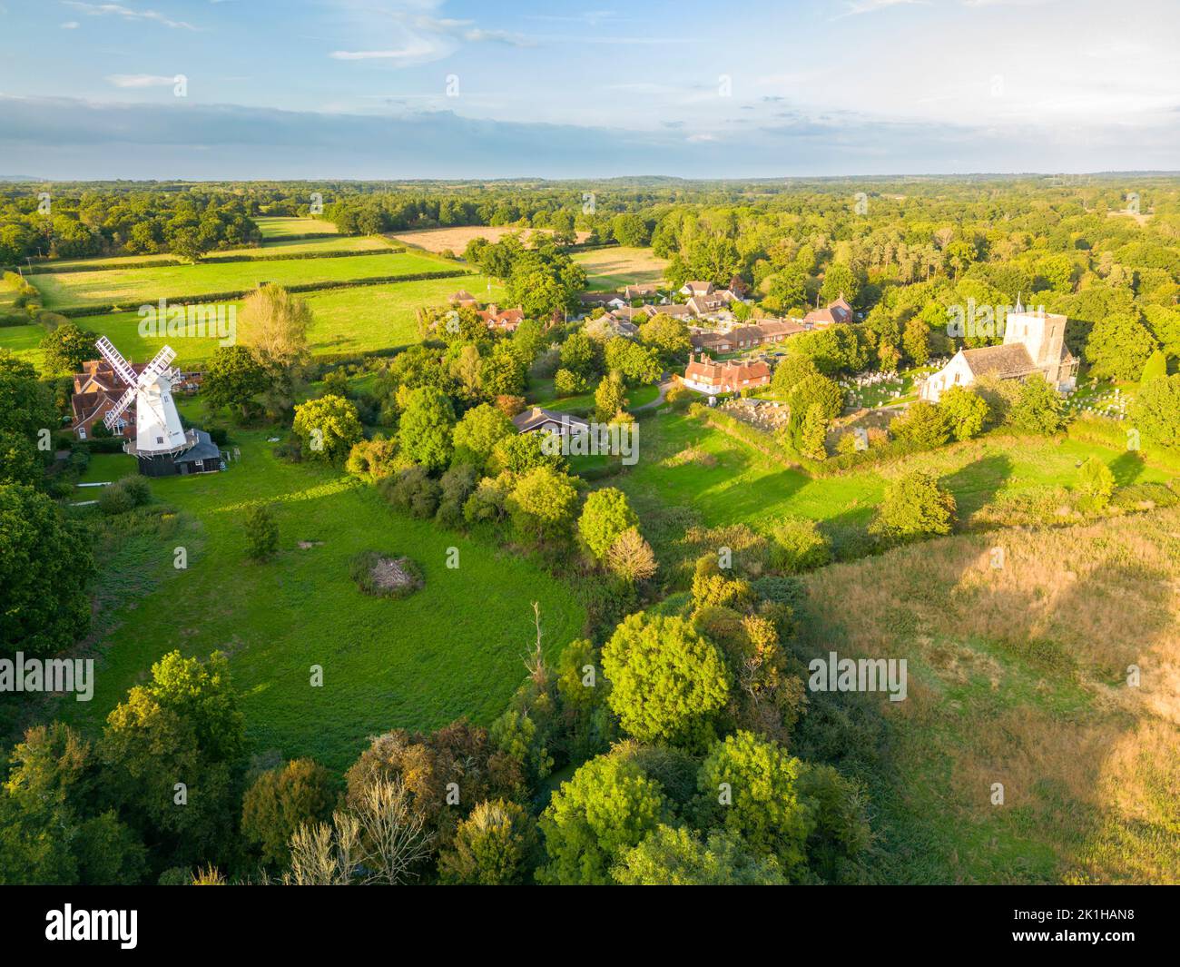 An aerial view of the village of Shipley in late afternoon light, West Sussex, England, UK Stock Photo
