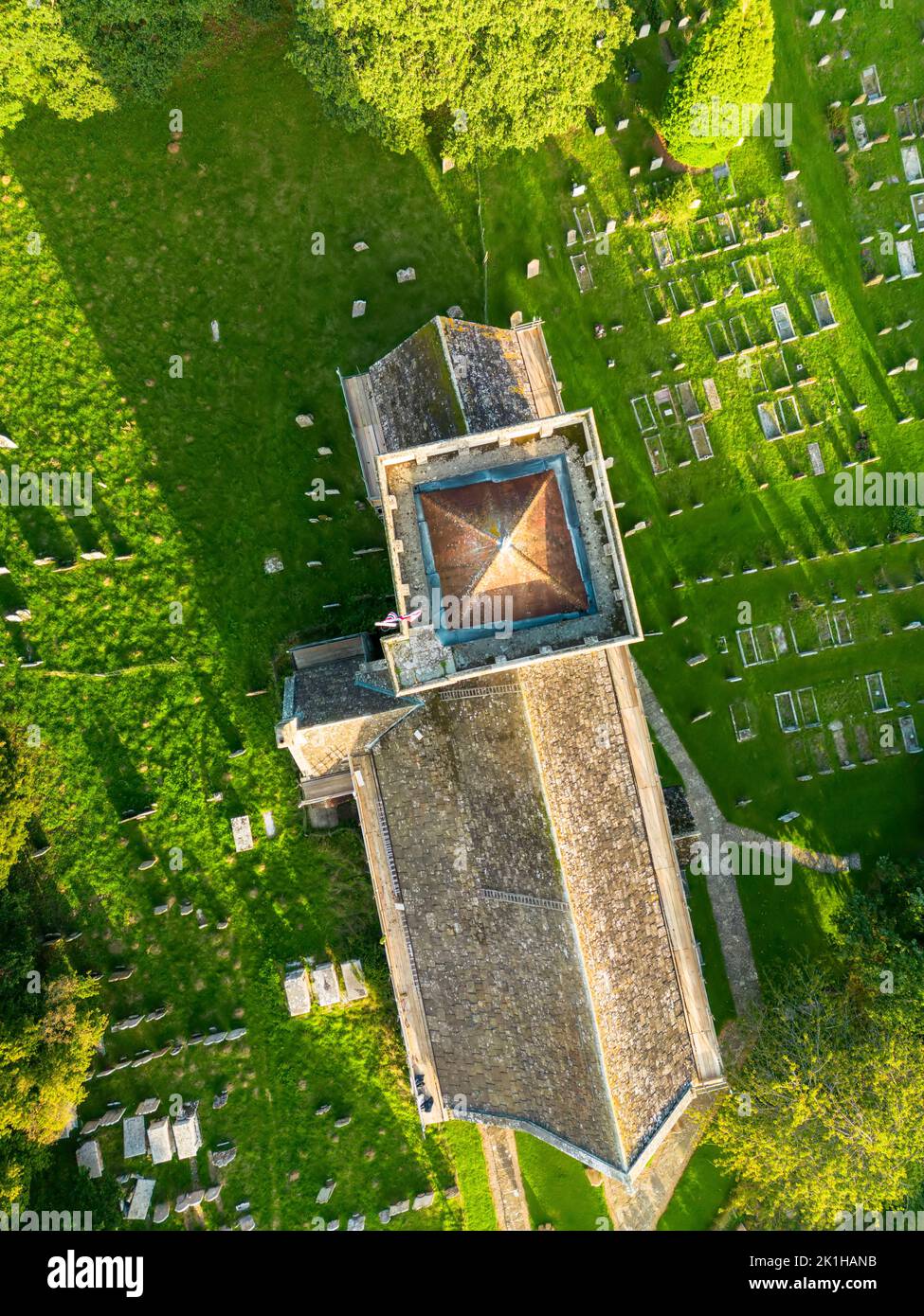 An aerial view of the church of St Mary the Virgin and the churchyard