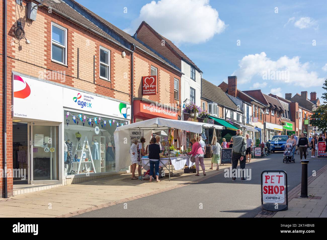 Charity market stall, Castle Street, Hinckley, Leicestershire, England, United Kingdom Stock Photo