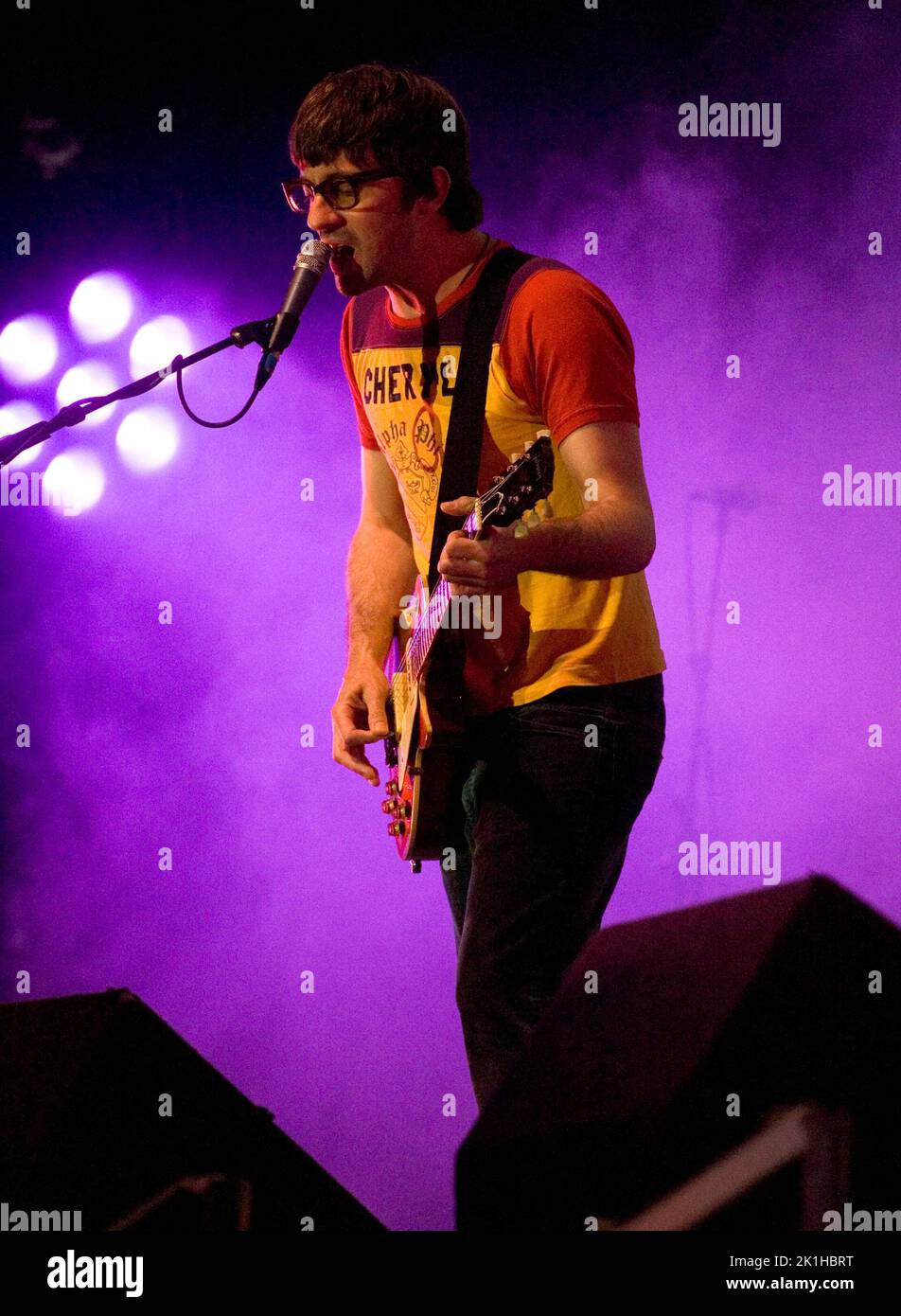 British indie band Blur play the Pyramid stage at Glastonbury Festival 2009. Stock Photo
