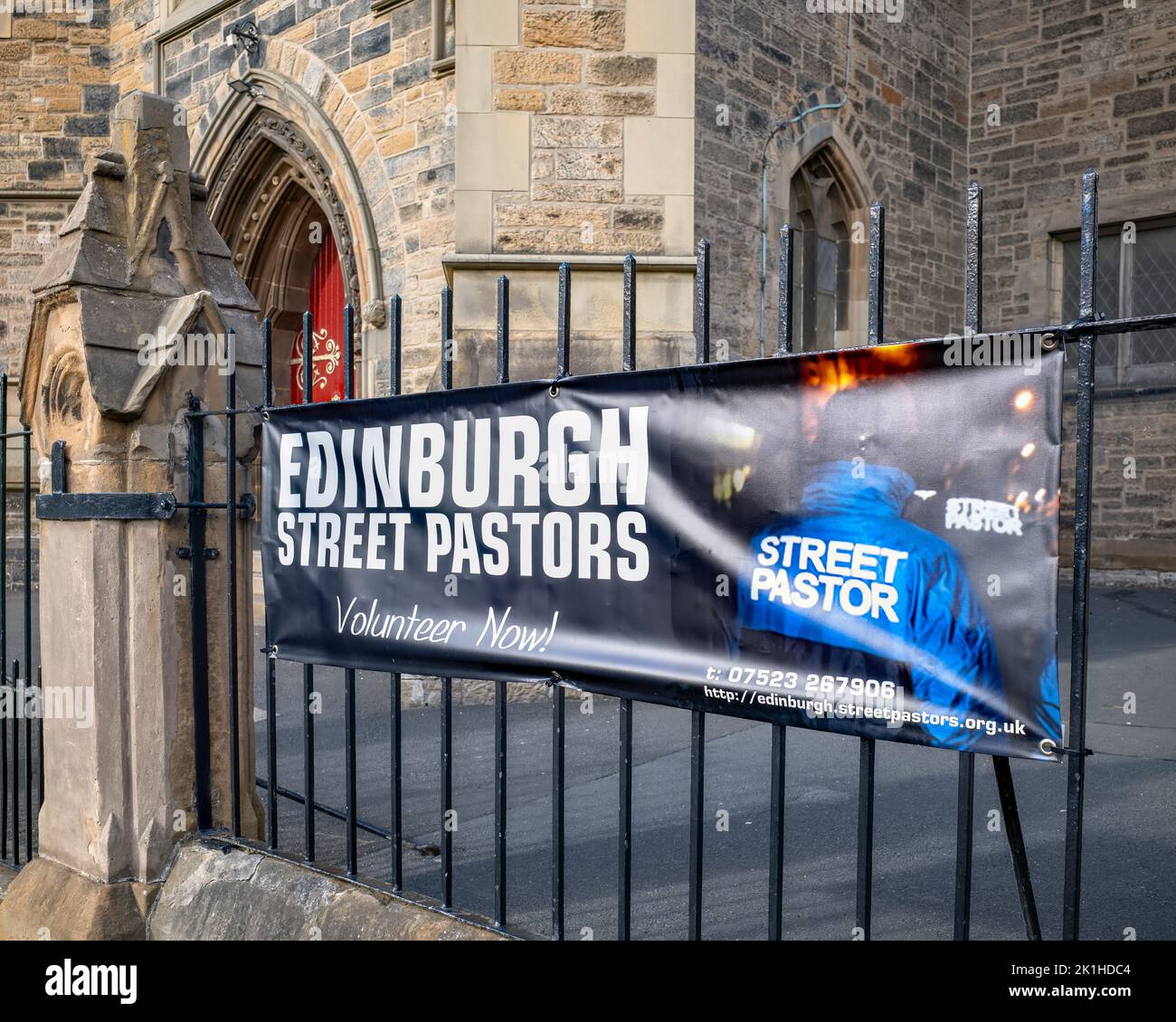 Edinburgh Street Pastors sign, Buccleuch and Greyfriars Free Church of Scotland, West Crosscausway, Edinburgh, Scotland, UK. Stock Photo