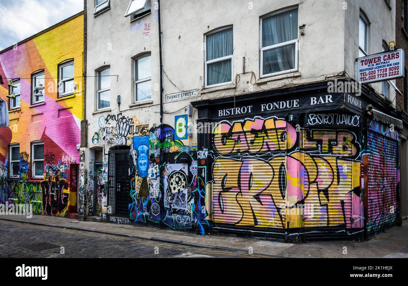 London, UK, July 2022, view of murals at Chance street Stock Photo