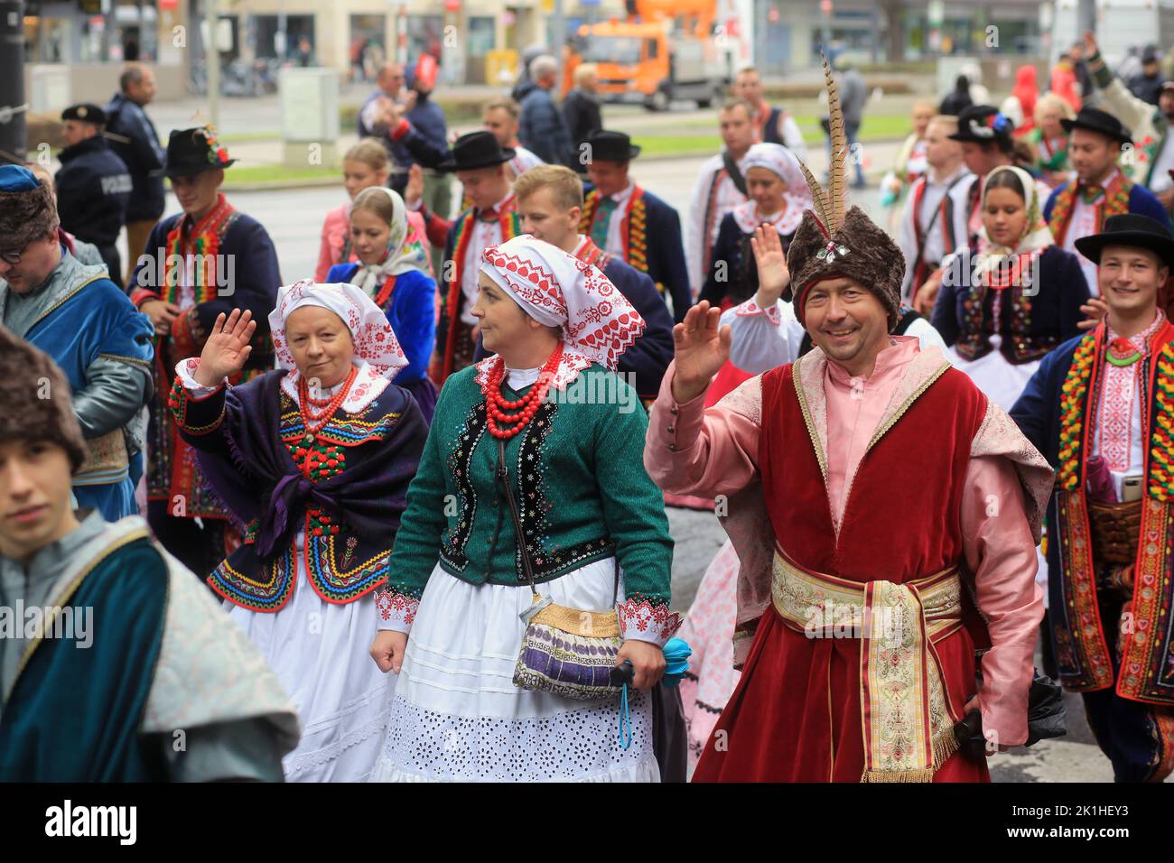 Munich, Germany.  18 Sep, 2022. The Oktoberfest Costume and Riflemen's Parade took place today with early showers failing to dampen the spirits of all involved. Saturday's official opening saw crowds down on the last time the Oktoberfest was held but there were considerably more people out and about today despite the rain. Credit: Clearpiximages/Alamy Live News Stock Photo