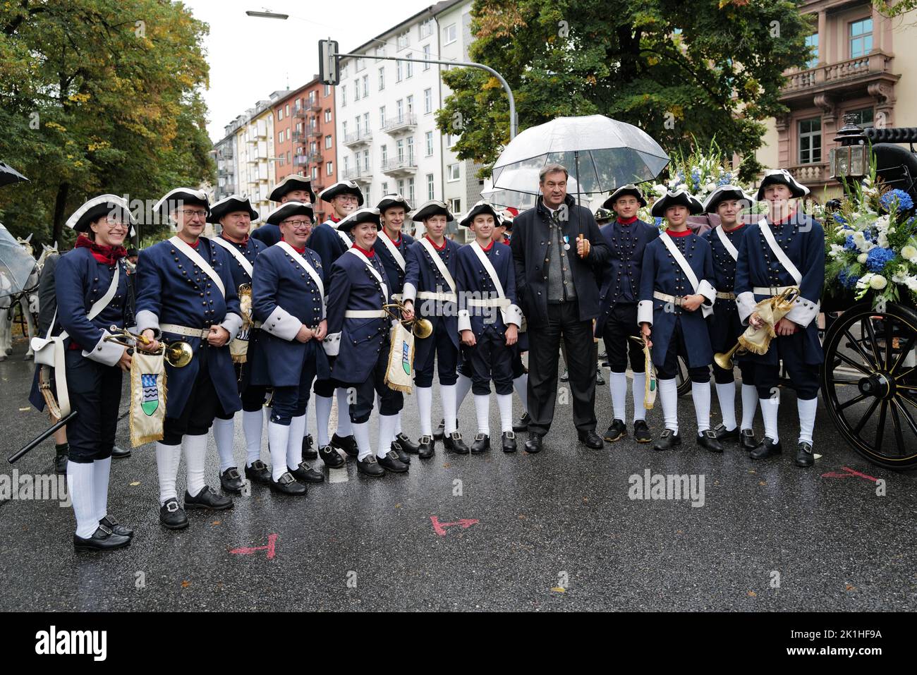 Munich, Germany.  18 Sep, 2022. Bavarian president, Markus Söder, poses for a picture before the start of today's parade in Munich. The Oktoberfest Costume and Riflemen's Parade took place today with early showers failing to dampen the spirits of all involved. Saturday's official opening saw crowds down on the last time the Oktoberfest was held but there were considerably more people out and about today despite the rain. Credit: Clearpiximages/Alamy Live News Stock Photo