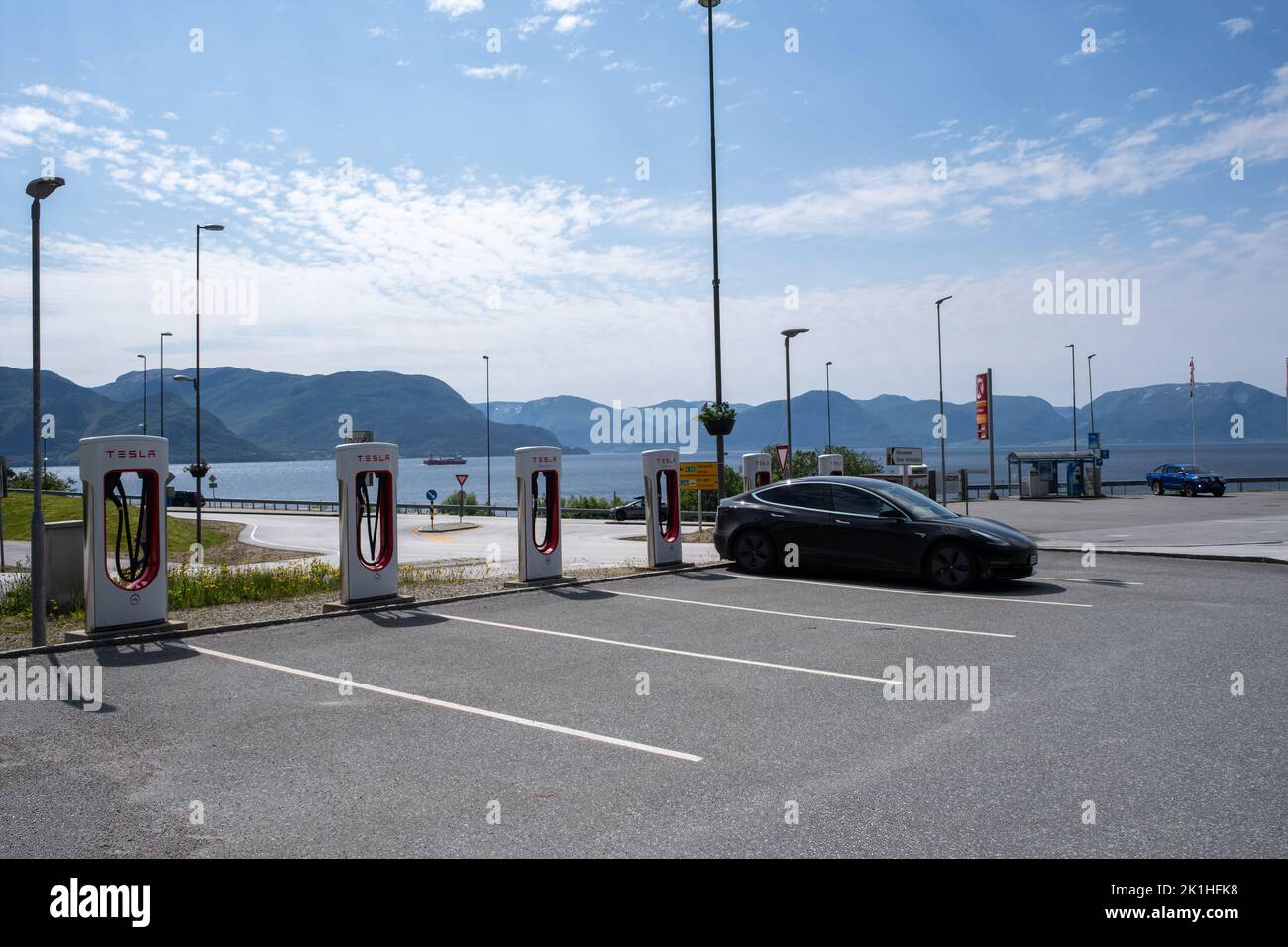 Lavik, Norway June 24, 2022 A static shot of a solid black Tesla