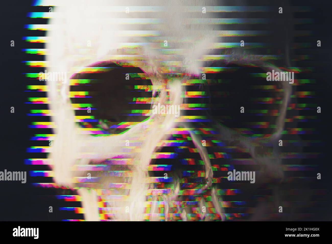 Death symbols concept. Closeup illustration of blurred white human skull witch colorful chromatic aberration. Black background. High quality illustration Stock Photo
