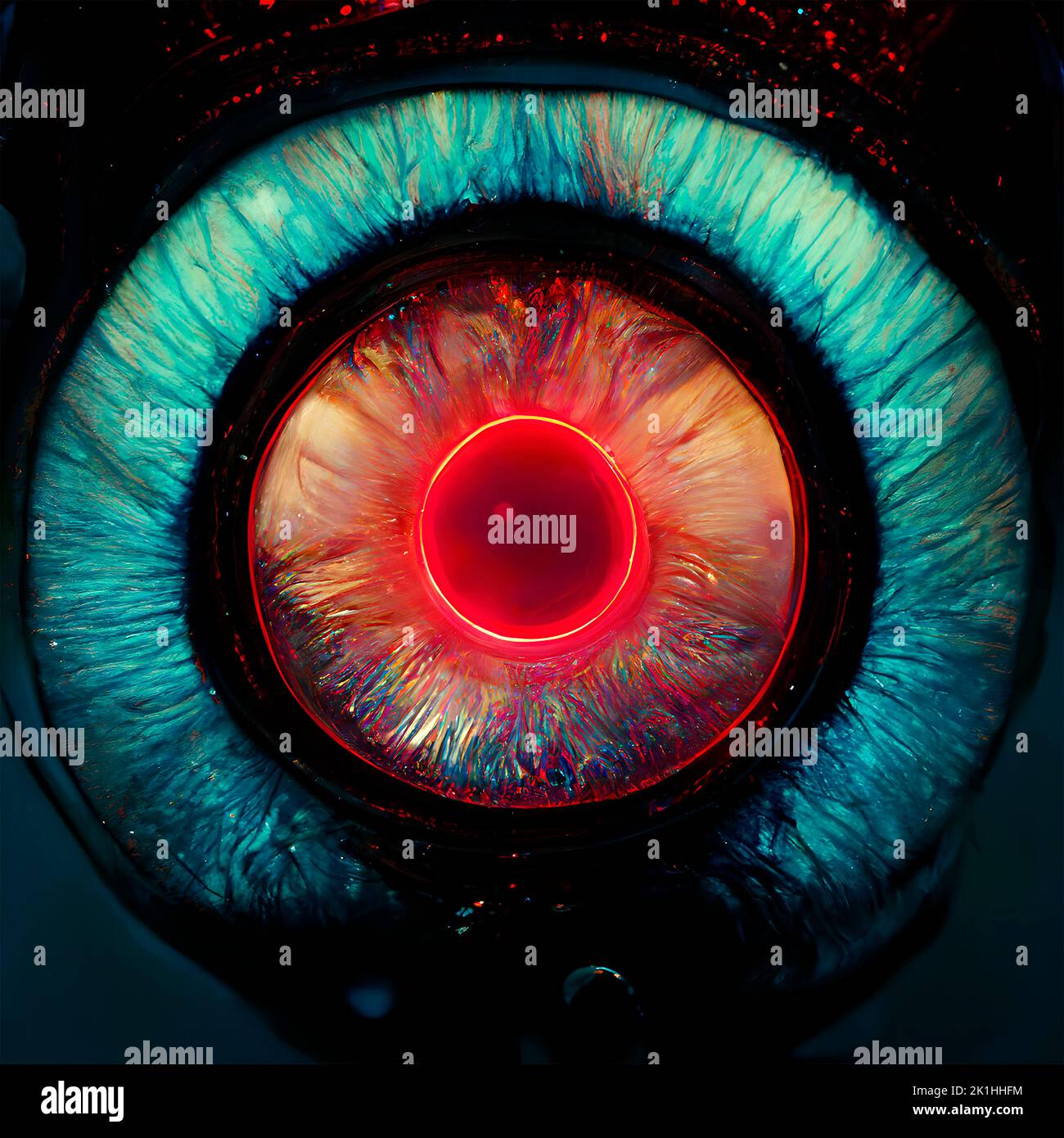 Closeup view, glowing cyber robot eye. Futuristic robotic eyeball