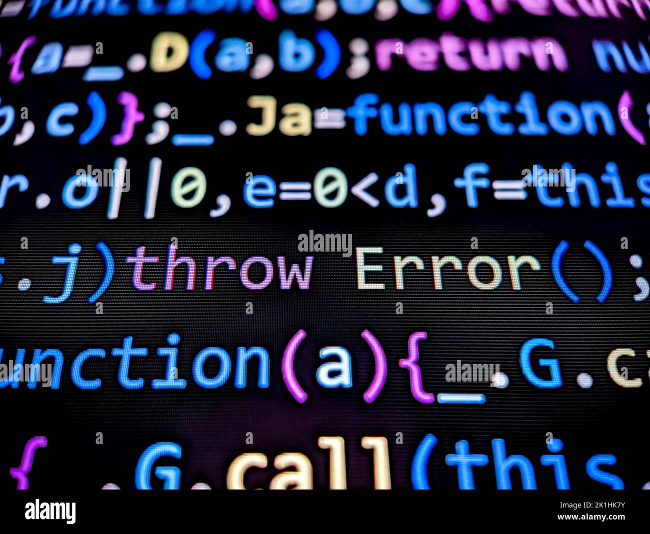 Error in computer code displayed on pixelated screen with colorful characters on a dark background Stock Photo