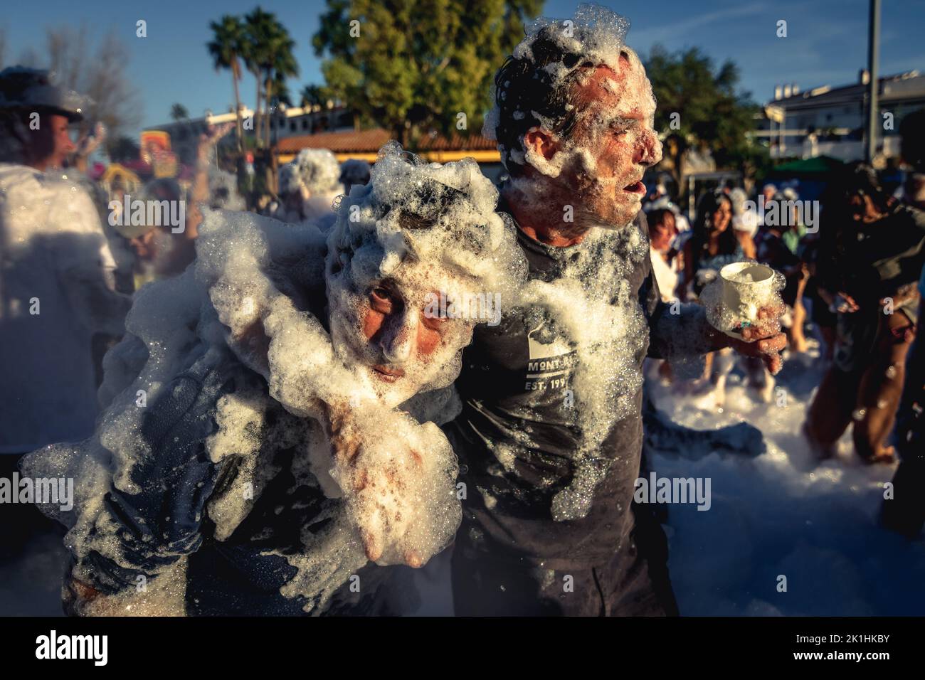 Cala en Porter, Spain. 18th Sep, 2022. People of all ages are covered with foam as they takes part in the foam party during the Cala en Porter's annual festival Credit: Matthias Oesterle/Alamy Live News Stock Photo