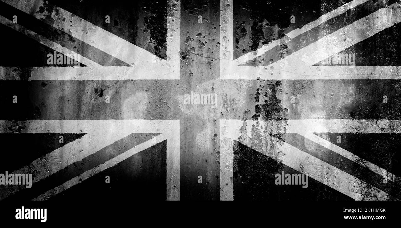 Black & White image of the Union Flag of Great Britain and Northern Ireland, representing the period of national mourning follwing the death of Her Ma Stock Photo