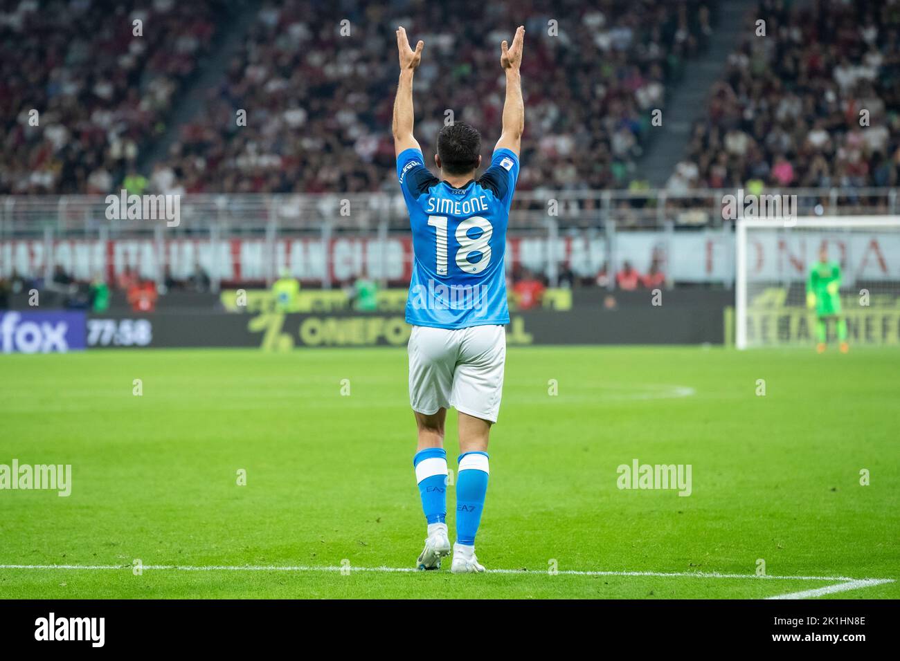 Milan, Italy. 18th Sep, 2022. Italian Serie A Football Championship. Milan VS Napoli 1-2. Giovanni Simeone, Napoli, score the goal and celebrate.- photo copyright: Cristiano BARNI/ATP images Credit: SPP Sport Press Photo. /Alamy Live News Stock Photo